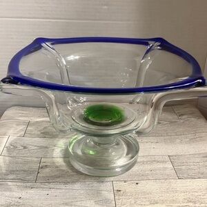 Murano Glass  Cobalt blue & green Pedestal Fruit bowl.. 7 in.. Stunning piece!!